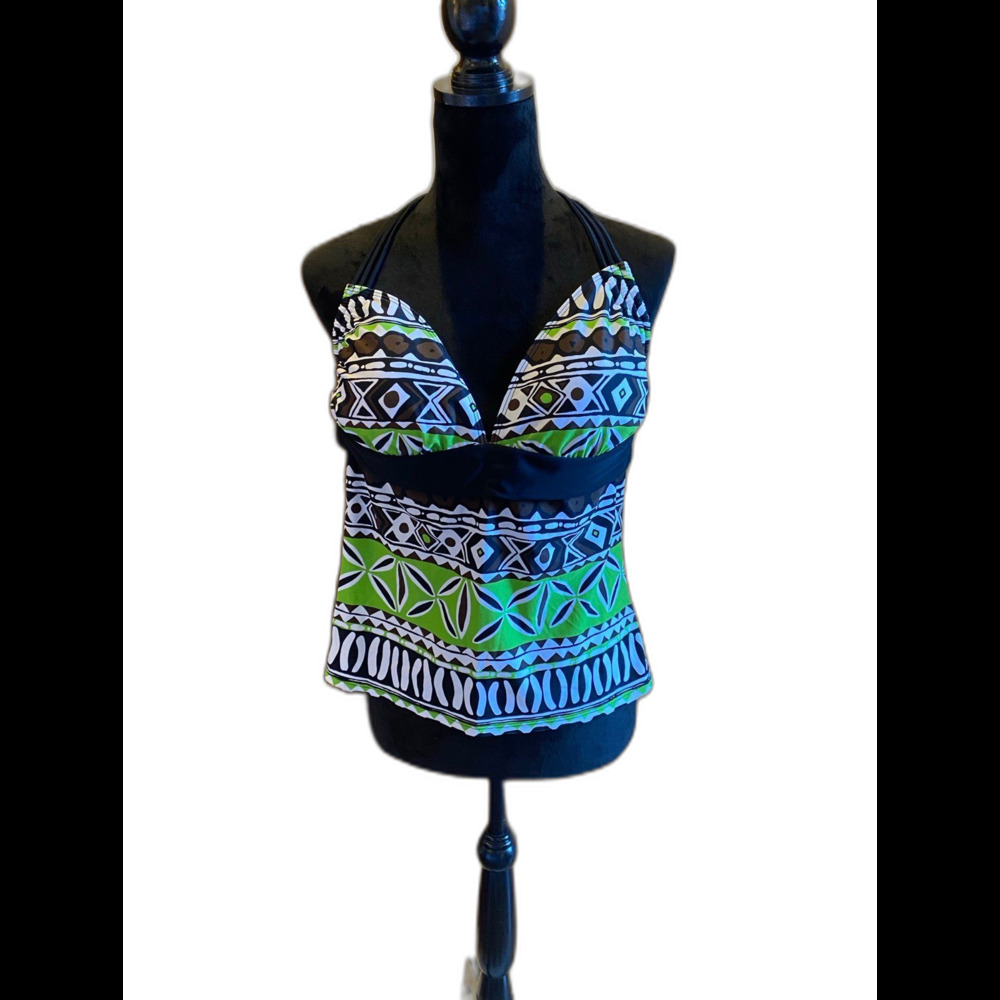 Summer Halter Swimsuit Top Size Medium approx. Green, Blue w/ Black Accents